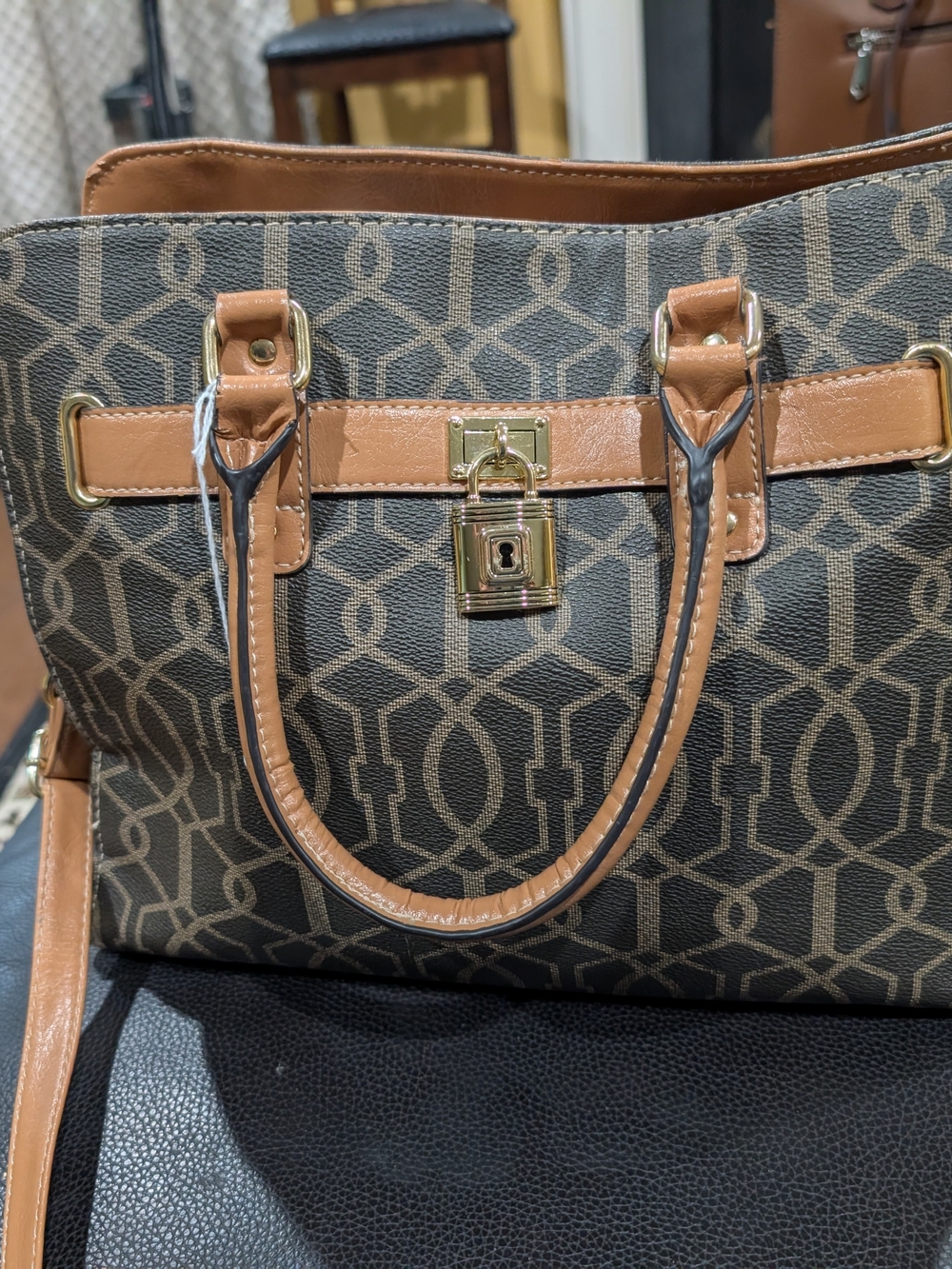 Classic Monogram Satchel Handbag in Brown and Tan